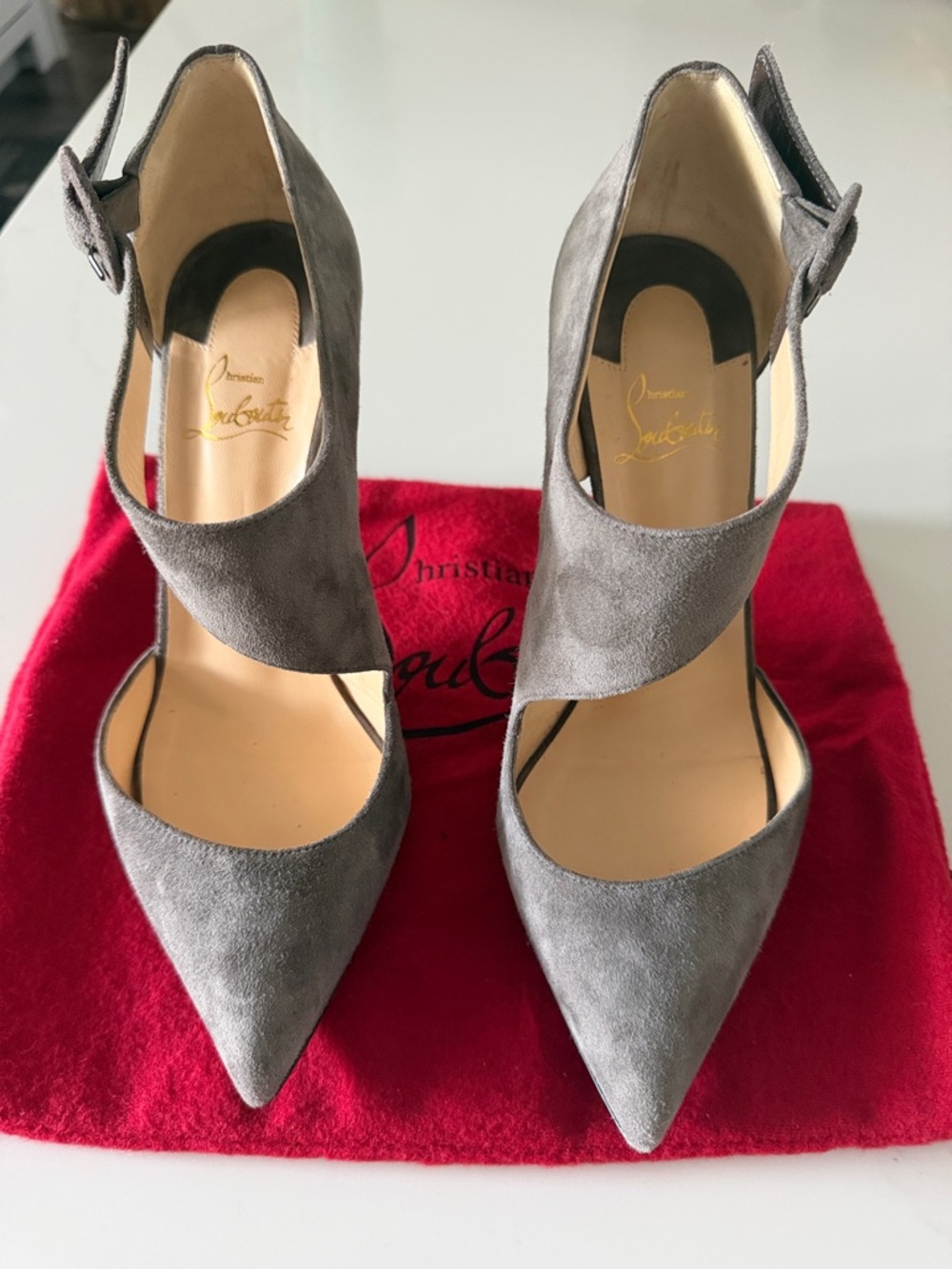 Christian Louboutin Gray Suede Pointed-Strap Pumps